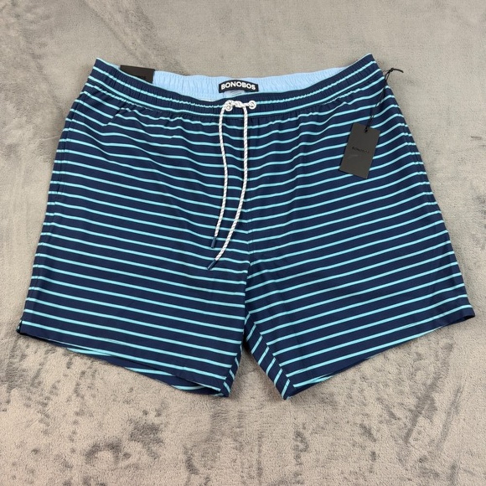 Bonobos Swim Shorts Mens XL Blue Striped 7 Inch Inseam Drawstring Beach Vaca NEW